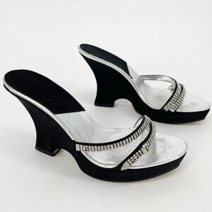 Dior Vintage Y2K Black Silver Crystal Logo Platform Wedge Sandal Mule EU 37.5